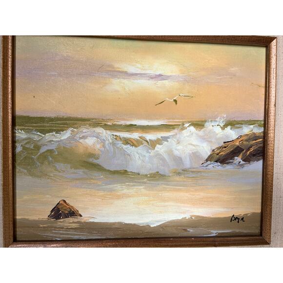 Vintage Oil Seascape Painting on Canvas Board Signed Frame Marked Mexico - Picture 3 of 10